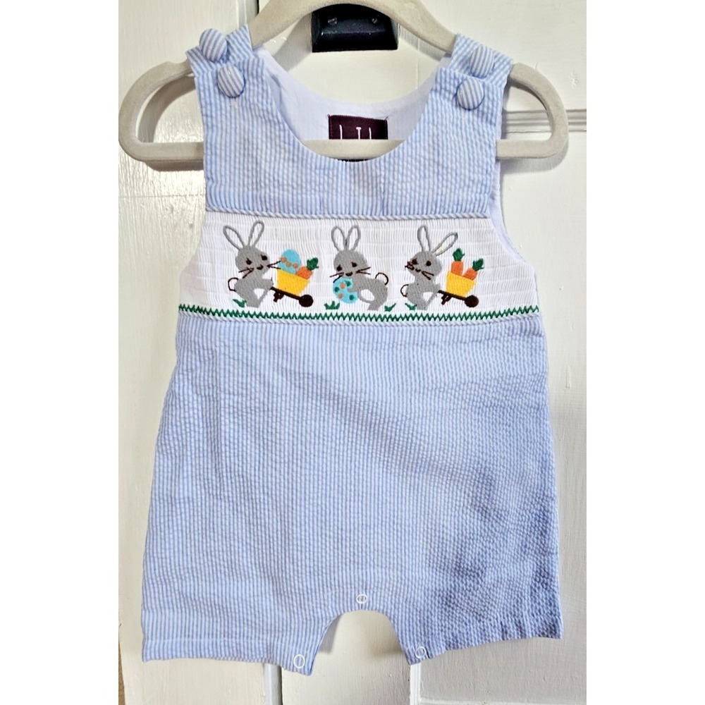 LIL CACTUS baby boy 3-6 months seersucker Easter Bunny shortalls
